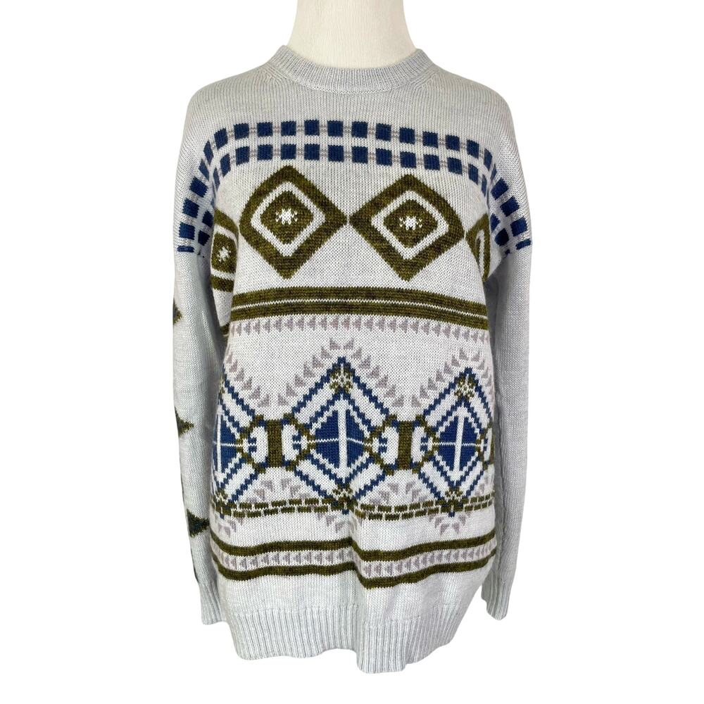 J Crew Womens Knit Sweater S Blue Wool Mohair Blend Aztec Southwestern Crewneck